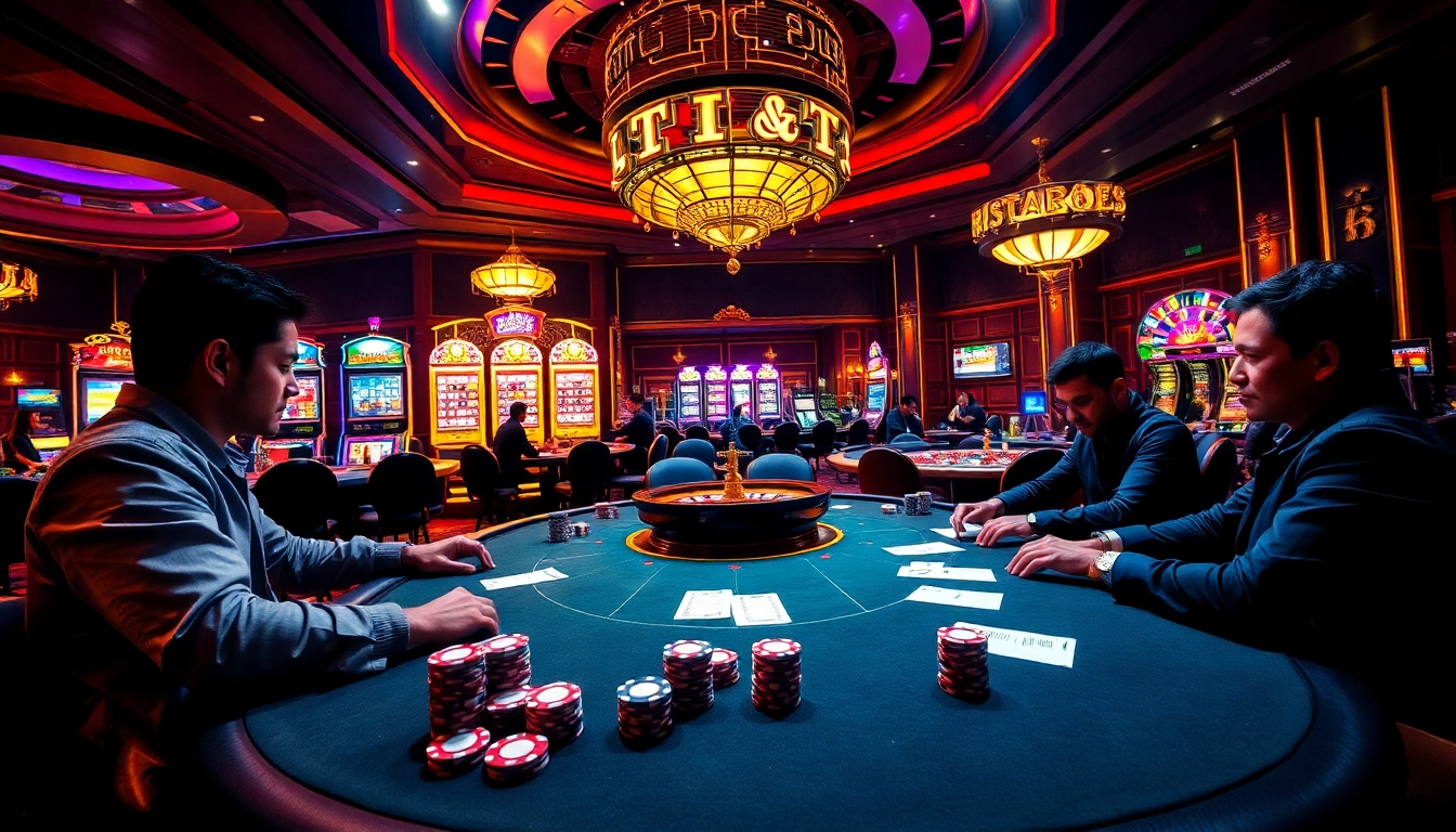 Experience thrilling gameplay at https://gg88.black/ with our vibrant casino scene featuring poker and slot machines.