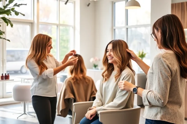 First-time client enjoying complimentary haircut at omnia salon's modern Aveda salon.