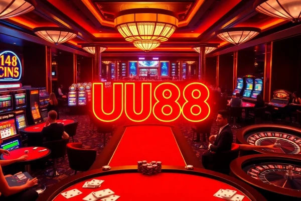 Betting excitement at UU88 casino with vibrant poker tables and shiny slot machines.