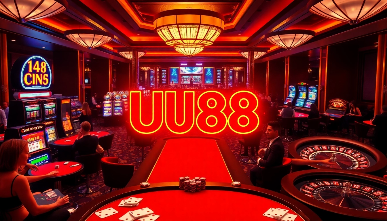 Betting excitement at UU88 casino with vibrant poker tables and shiny slot machines.