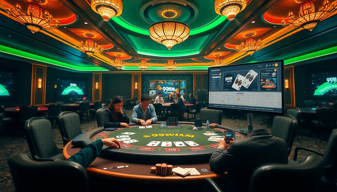 Engaging poker scene with players and 99wim platform showcasing luxury online gambling.