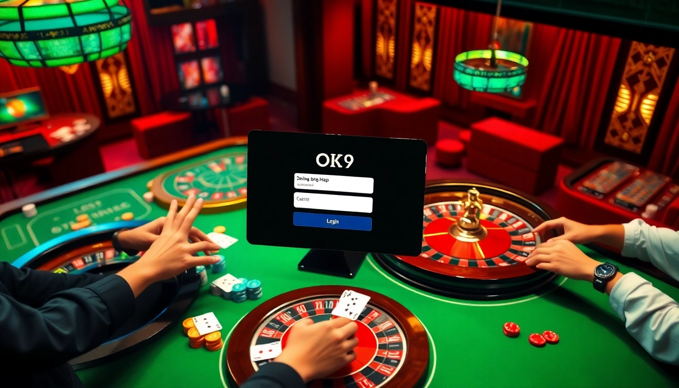 Engaging gameplay at OK9 Dang Nhap featuring a vibrant table, colorful poker chips, and an exciting roulette wheel.