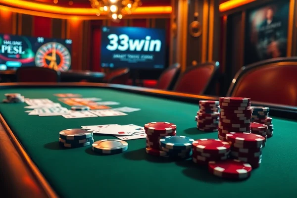 Experience thrilling poker action at 33win with a luxurious casino setting featuring vibrant chips and cards.