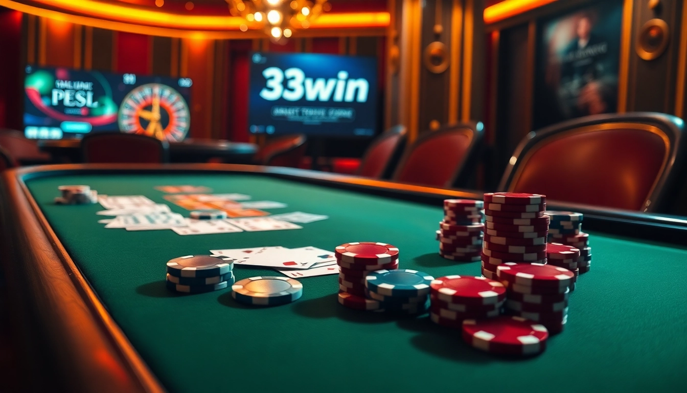 Experience thrilling poker action at 33win with a luxurious casino setting featuring vibrant chips and cards.