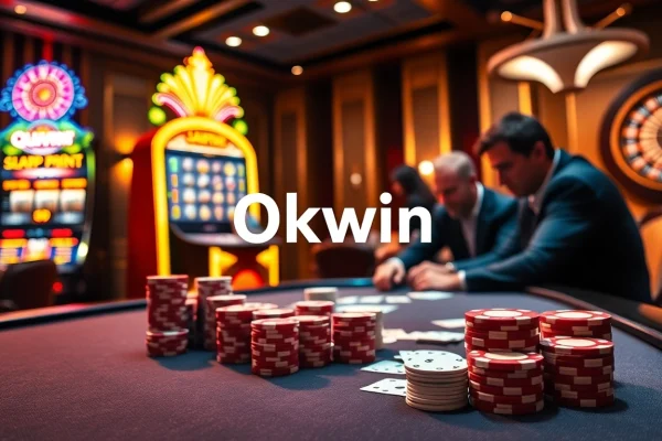 Experience the thrill of gaming at Okwin with vibrant poker chips and an illuminated slot machine.
