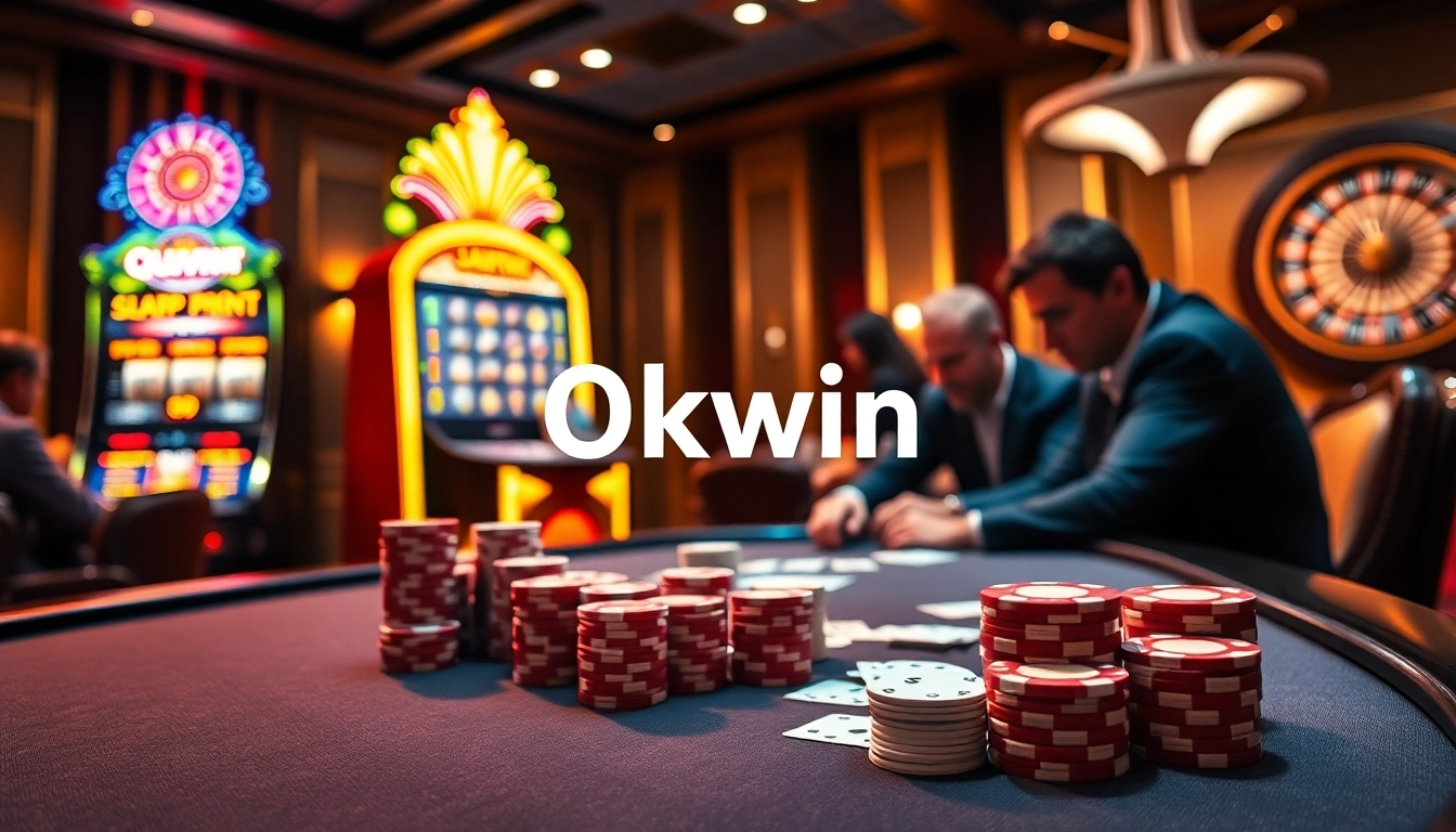 Experience the thrill of gaming at Okwin with vibrant poker chips and an illuminated slot machine.