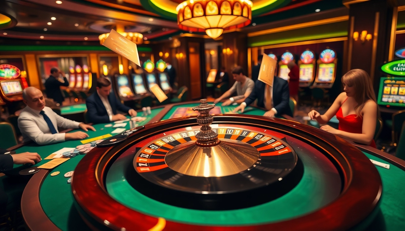 Experience the thrilling ambiance of sunwin with vibrant casino tables, spinning roulette wheel, and colorful poker chips.