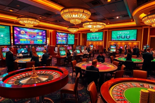 Players enjoying various games at crypto online casinos, showcasing luxury and excitement.