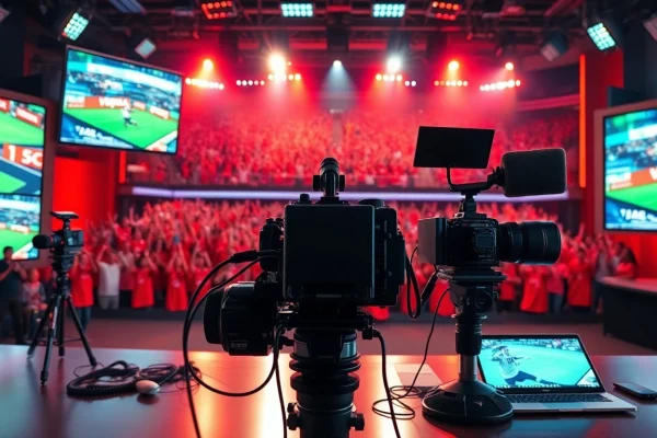 Dynamic sports broadcasting studio showcasing live events and advanced tech.