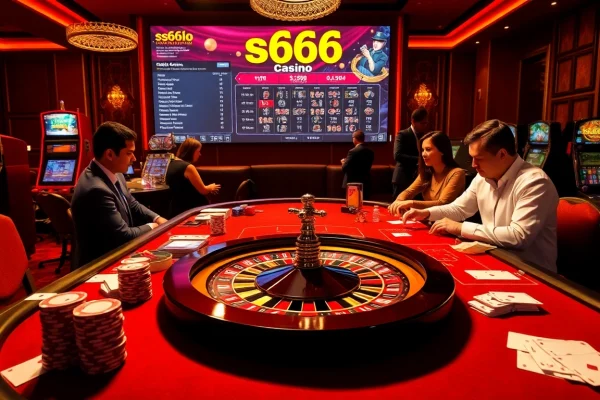 Experience the excitement of the s666 casino with players at a vibrant table filled with chips and cards.