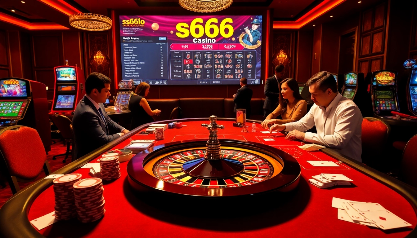 Experience the excitement of the s666 casino with players at a vibrant table filled with chips and cards.