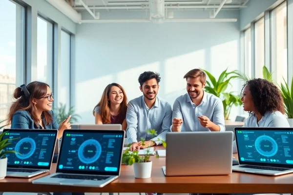 Engaged professionals using Crushon AI technology in a modern workspace.