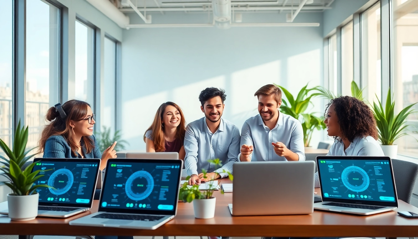 Engaged professionals using Crushon AI technology in a modern workspace.