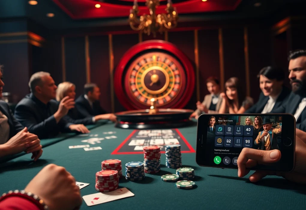 Exciting poker action with QQ88 chips and a glamorous casino background.