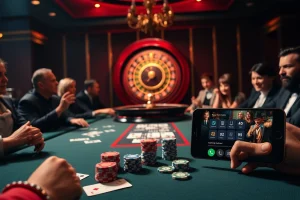 Exciting poker action with QQ88 chips and a glamorous casino background.