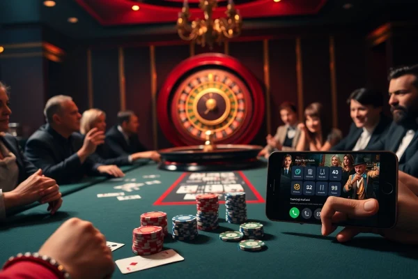Exciting poker action with QQ88 chips and a glamorous casino background.