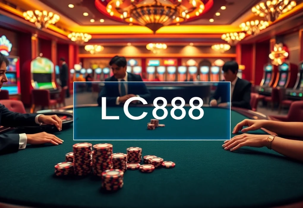 Experience thrilling casino action at LC88 with vibrant tables, roulette wheels, and engaging players.