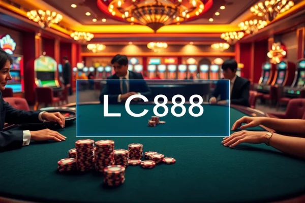 Experience thrilling casino action at LC88 with vibrant tables, roulette wheels, and engaging players.