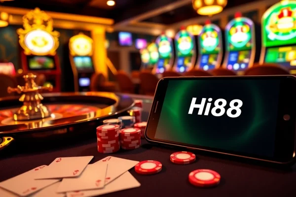 Hi88 platform showcasing a vibrant online casino experience with tables, cards, and chips.